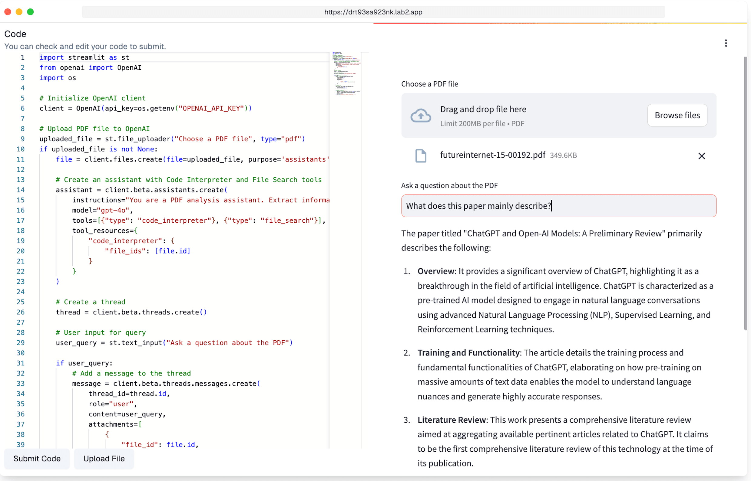A chat-with-PDF document Q&A app generated and hosted by lab2
