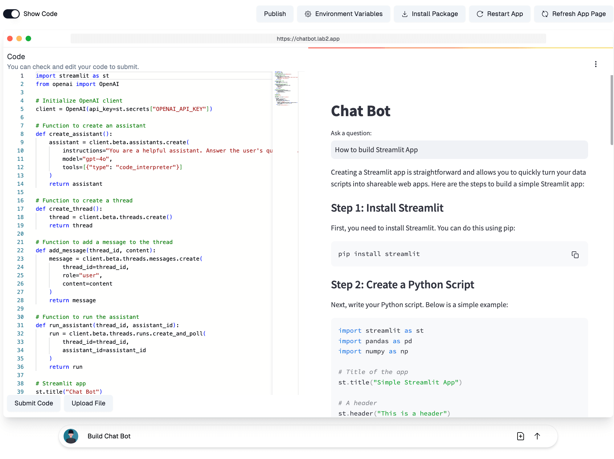 A working AI chatbot generated and hosted by lab2